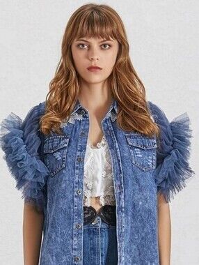 Truth Blue Acid Wash Button Down Shirt with Ruffle Tulle Sleeves